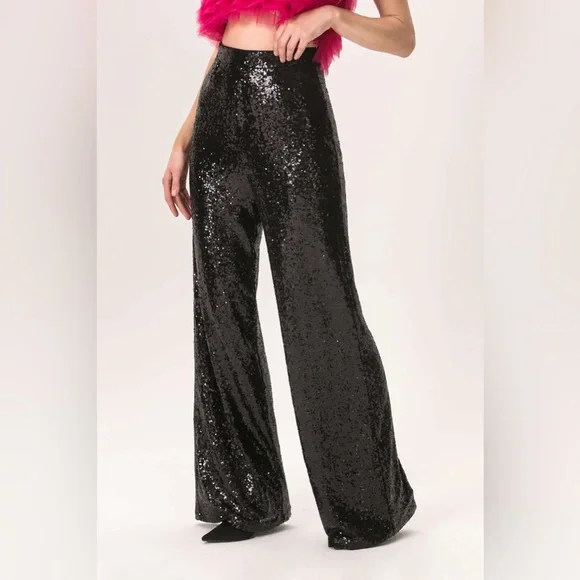 NEW Women’s Sequin Wide Leg Trousers Black M - Picture 2 of 13